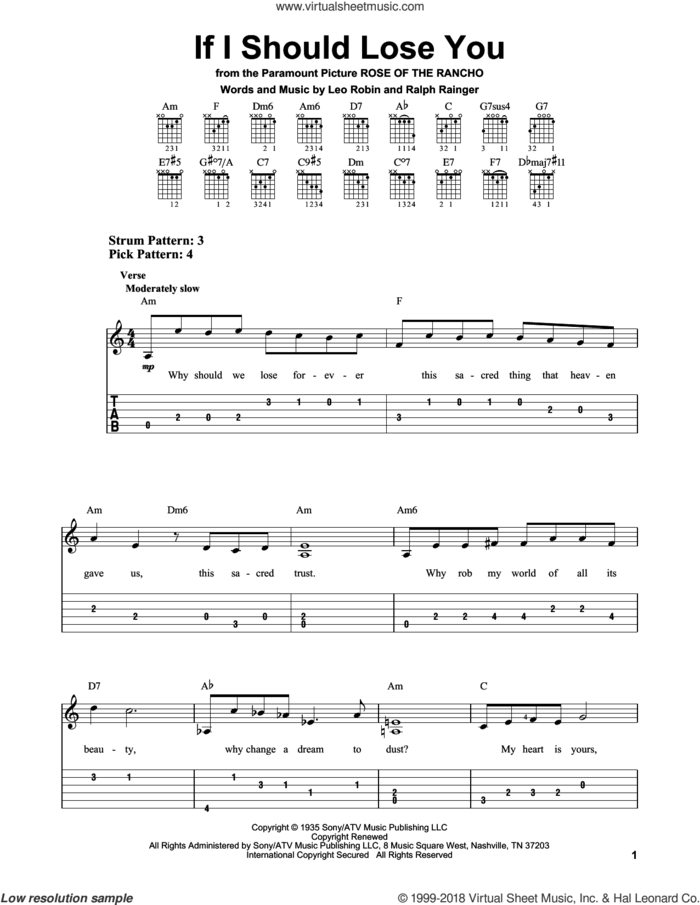 If I Should Lose You sheet music for guitar solo (easy tablature) by Ralph Rainger, Phineas Newborn and Leo Robin, easy guitar (easy tablature)
