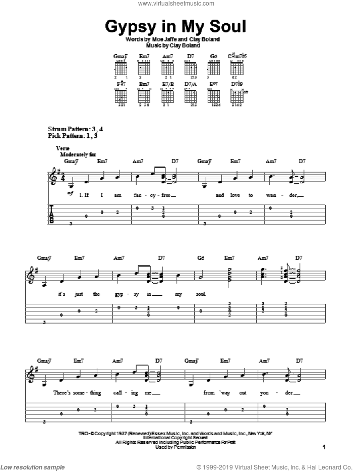 Gypsy In My Soul sheet music for guitar solo (easy tablature) by Ella Fitzgerald, Clay Boland and Moe Jaffe, easy guitar (easy tablature)