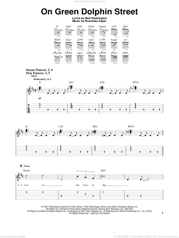 On Green Dolphin Street sheet music for guitar solo (easy tablature) by Miles Davis, Bronislau Kaper and Ned Washington, easy guitar (easy tablature)