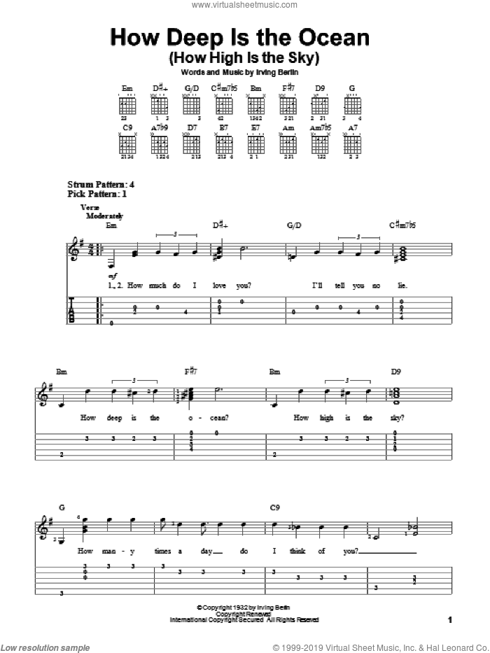 How Deep Is The Ocean (How High Is The Sky) sheet music for guitar solo (easy tablature) by Irving Berlin and Ben Webster, wedding score, easy guitar (easy tablature)