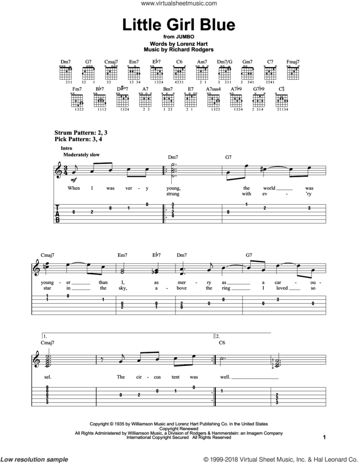 Little Girl Blue sheet music for guitar solo (easy tablature) by Rodgers & Hart, Lorenz Hart and Richard Rodgers, easy guitar (easy tablature)
