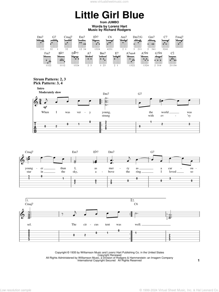 Little Girl Blue sheet music for guitar solo (easy tablature) by Rodgers & Hart, Lorenz Hart and Richard Rodgers, easy guitar (easy tablature)