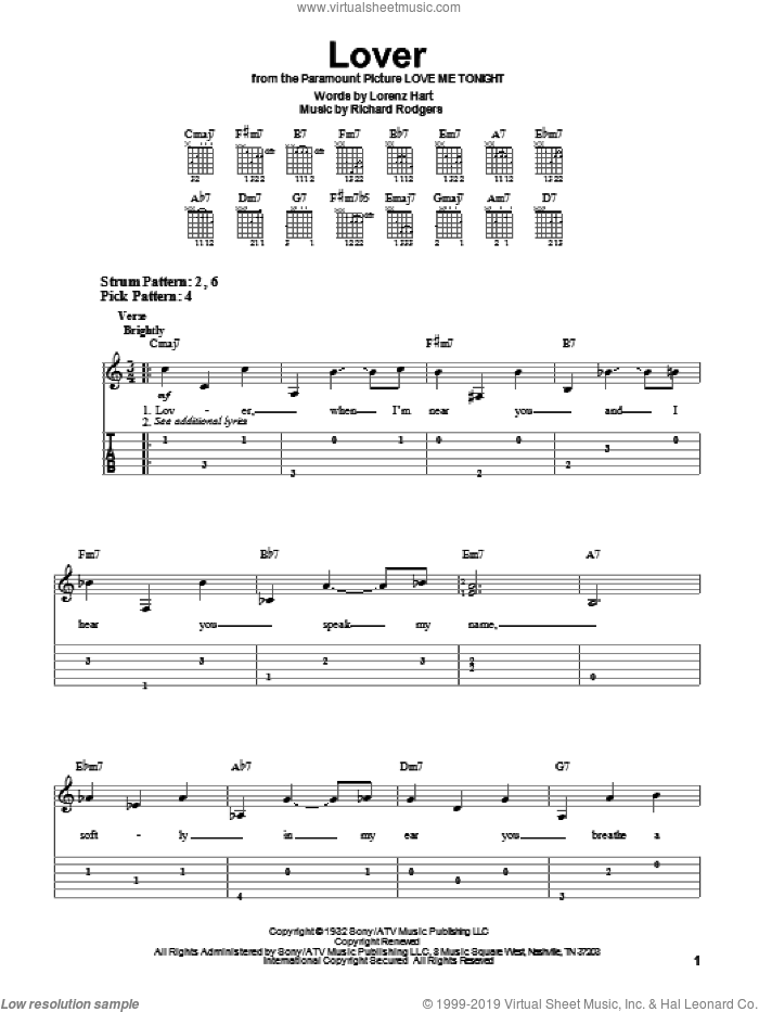 Lover sheet music for guitar solo (easy tablature) by Ella Fitzgerald, Peggy Lee, Lorenz Hart and Richard Rodgers, easy guitar (easy tablature)