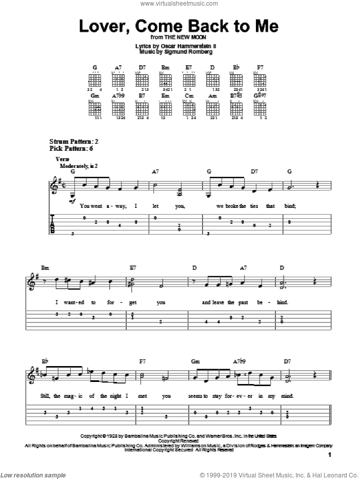 Lover, Come Back To Me sheet music for guitar solo (easy tablature) by Sigmund Romberg and Oscar II Hammerstein, easy guitar (easy tablature)