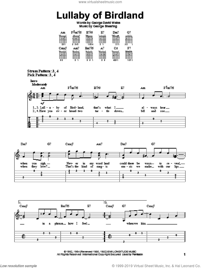 Lullaby Of Birdland sheet music for guitar solo (easy tablature) by George Shearing and George David Weiss, easy guitar (easy tablature)