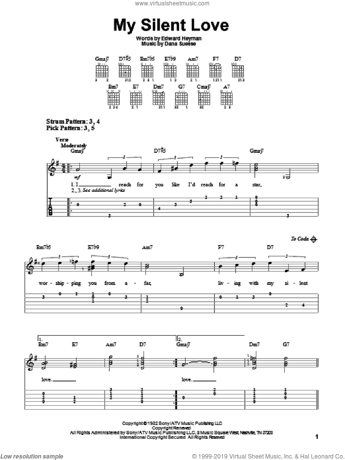 My Silent Love sheet music for guitar solo (easy tablature) by Edward Heyman and Dana Suesse, easy guitar (easy tablature)