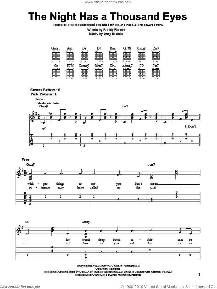 The Night Has A Thousand Eyes sheet music for guitar solo (easy tablature) by Buddy Bernier and Jerry Brainin, easy guitar (easy tablature)