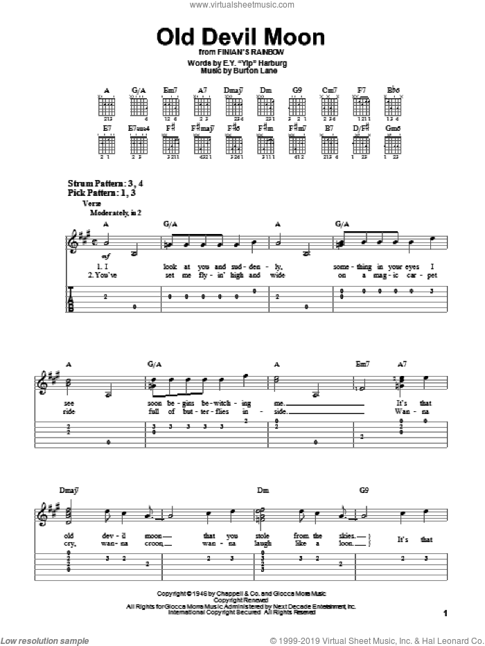 Old Devil Moon sheet music for guitar solo (easy tablature) by E.Y. Harburg and Burton Lane, easy guitar (easy tablature)