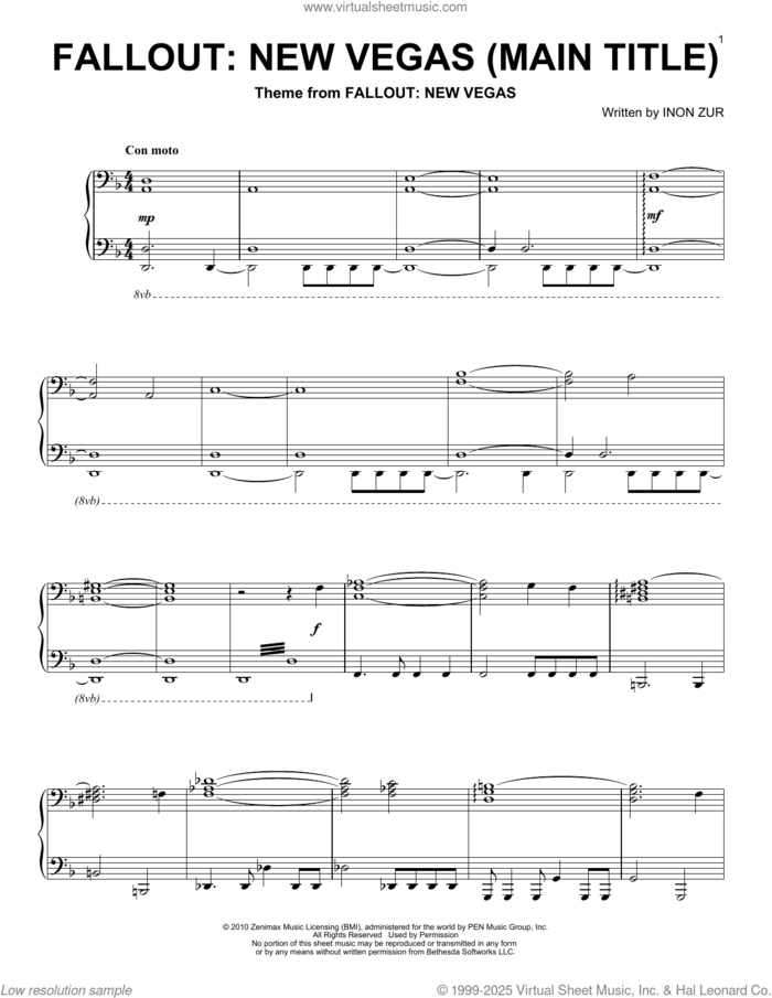 Fallout New Vegas (Main Title) sheet music for piano solo by Inon Zur, intermediate skill level