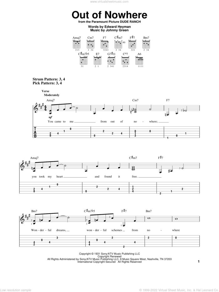 Out Of Nowhere sheet music for guitar solo (easy tablature) by Edward Heyman, Buddy DeFranco and Johnny Green, easy guitar (easy tablature)