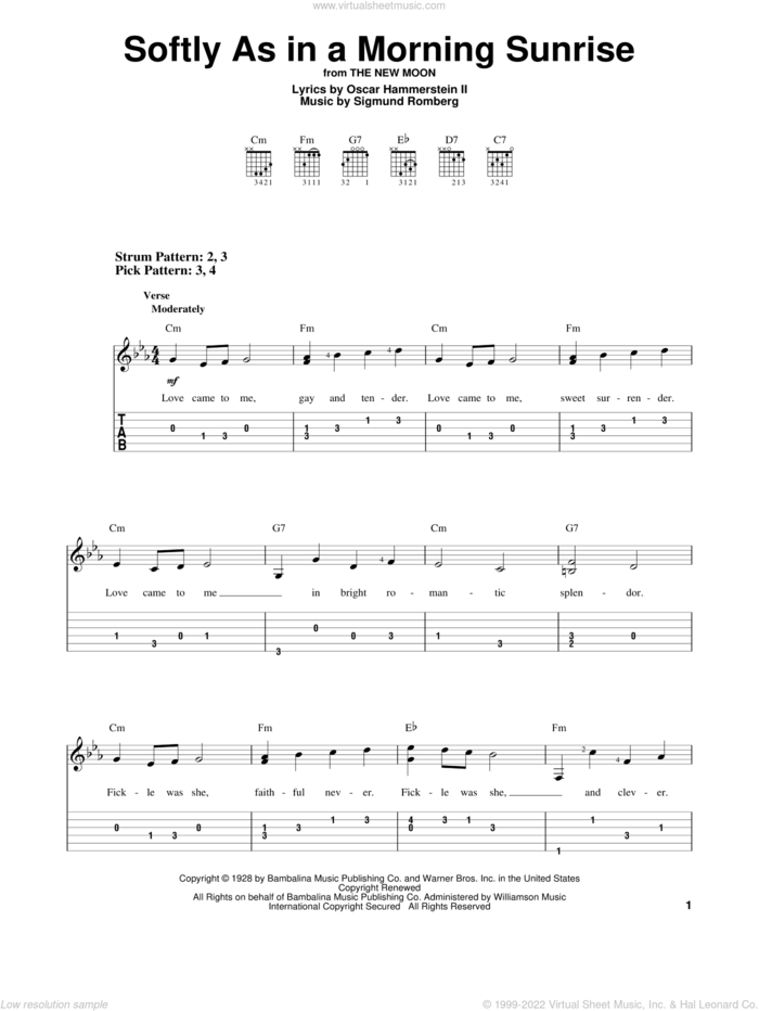 Softly As In A Morning Sunrise sheet music for guitar solo (easy tablature) by Sigmund Romberg and Oscar II Hammerstein, easy guitar (easy tablature)