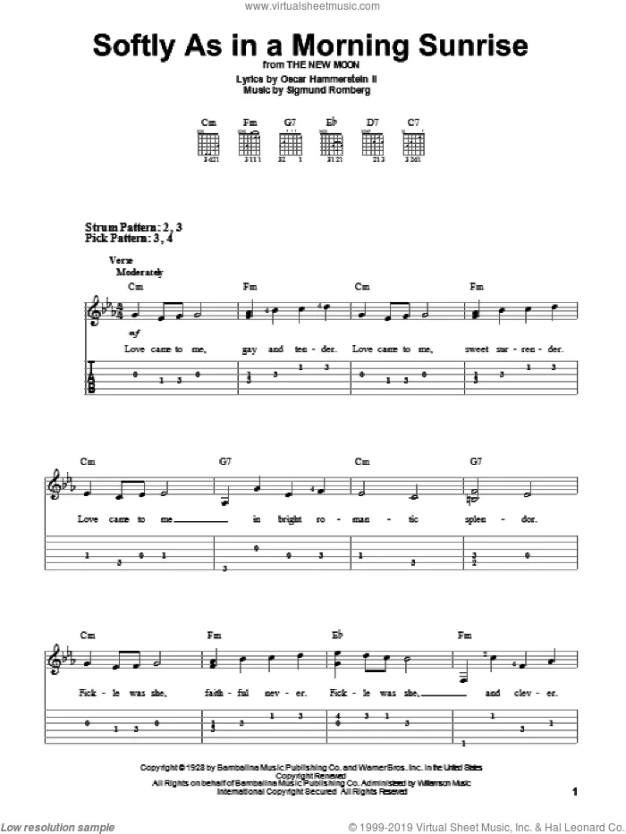 Softly As In A Morning Sunrise sheet music for guitar solo (easy tablature) by Sigmund Romberg and Oscar II Hammerstein, easy guitar (easy tablature)