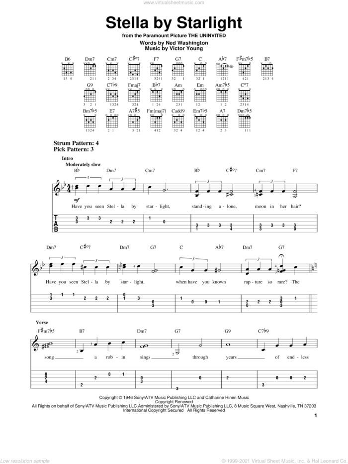 Stella By Starlight sheet music for guitar solo (easy tablature) by Victor Young, Ray Charles and Ned Washington, easy guitar (easy tablature)