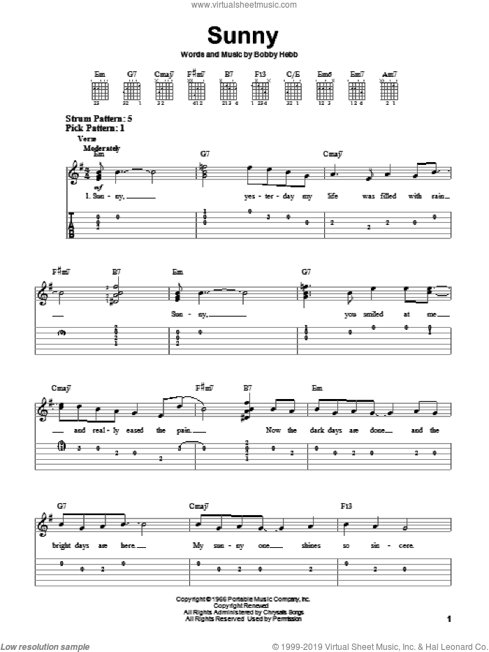 Sunny sheet music for guitar solo (easy tablature) by Bobby Hebb, easy guitar (easy tablature)