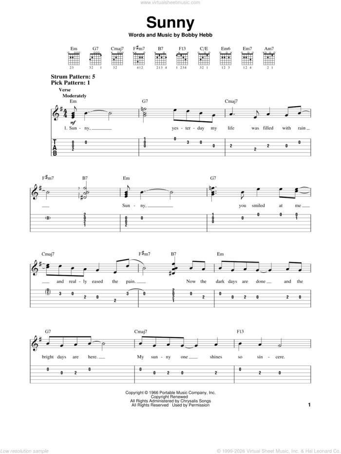 Sunny sheet music for guitar solo (easy tablature) by Bobby Hebb, easy guitar (easy tablature)