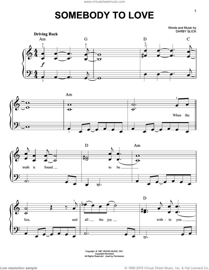 Somebody To Love, (easy) sheet music for piano solo by Jefferson Airplane and Darby Slick, easy skill level