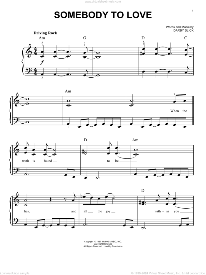 Somebody To Love, (easy) sheet music for piano solo by Jefferson Airplane and Darby Slick, easy skill level