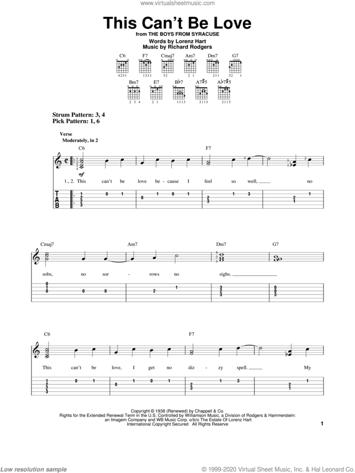 This Can't Be Love sheet music for guitar solo (easy tablature) by Rodgers & Hart, Lorenz Hart and Richard Rodgers, easy guitar (easy tablature)