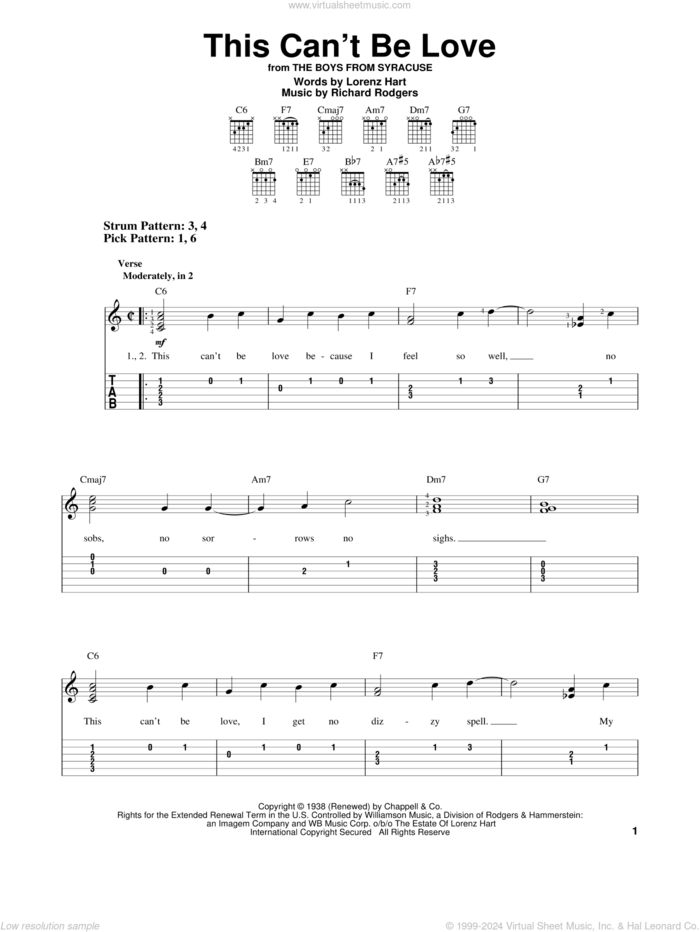 This Can't Be Love sheet music for guitar solo (easy tablature) by Rodgers & Hart, Lorenz Hart and Richard Rodgers, easy guitar (easy tablature)