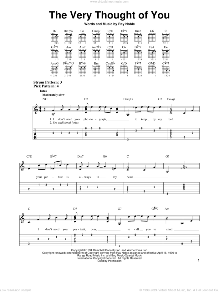 The Very Thought Of You sheet music for guitar solo (easy tablature) by Ray Noble, Frank Sinatra, Kate Smith, Nat King Cole, Ray Conniff and Ricky Nelson, wedding score, easy guitar (easy tablature)