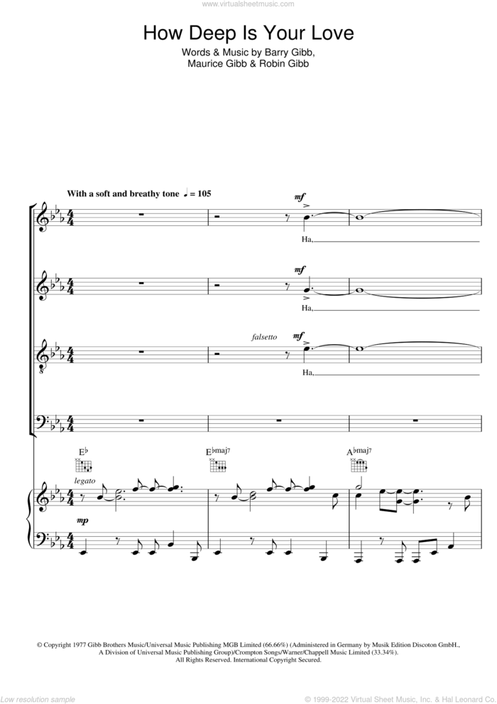 How Deep Is Your Love sheet music for choir (SATB: soprano, alto, tenor, bass) by Bee Gees, Barry Gibb, Maurice Gibb and Robin Gibb, intermediate skill level