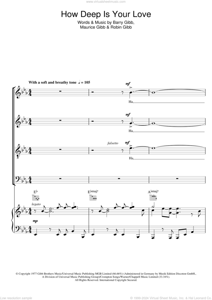 How Deep Is Your Love sheet music for choir (SATB: soprano, alto, tenor, bass) by Bee Gees, Barry Gibb, Maurice Gibb and Robin Gibb, intermediate skill level