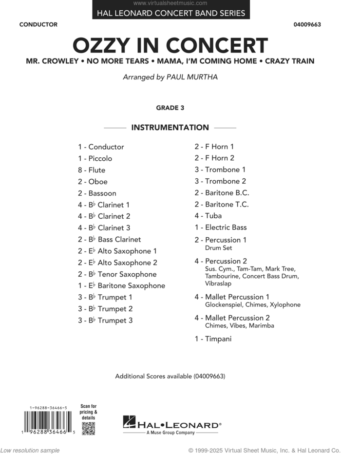 Ozzy In Concert (COMPLETE) sheet music for concert band by Paul Murtha and Ozzy Osbourne, intermediate skill level