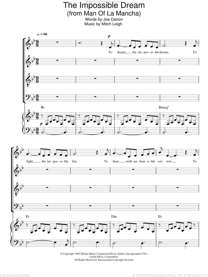 The Impossible Dream sheet music for choir (SATB: soprano, alto, tenor, bass) by Joe Darion, Man Of La Mancha (Musical) and Mitch Leigh, intermediate skill level