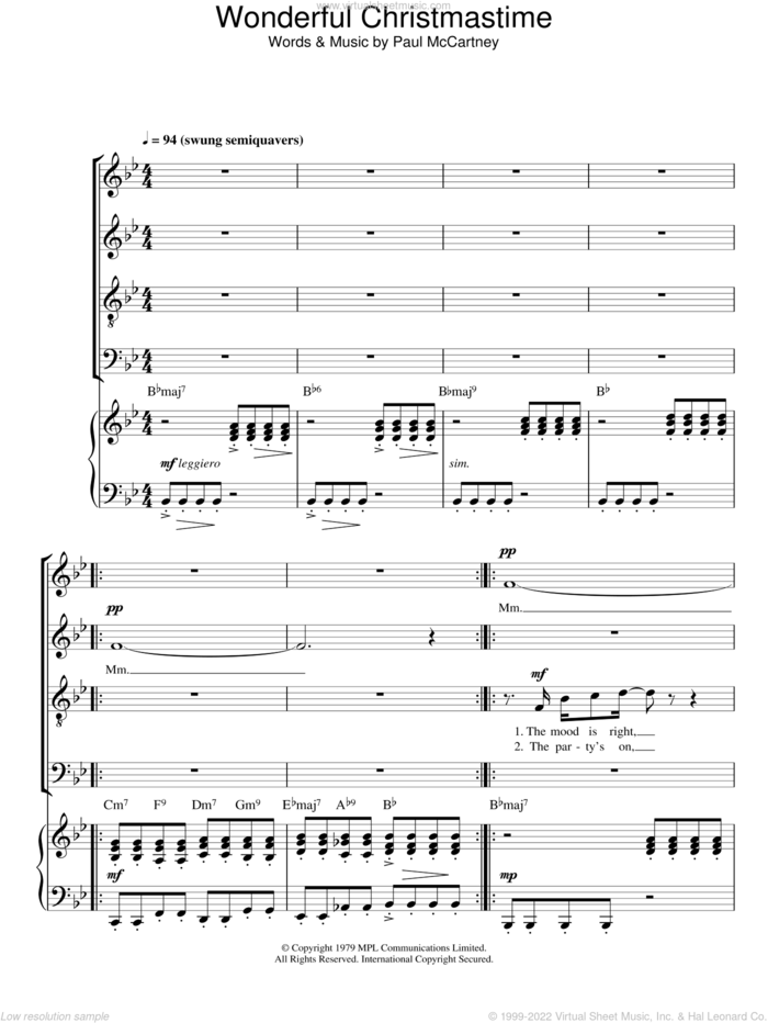 Wonderful Christmastime sheet music for choir (SATB: soprano, alto, tenor, bass) by Paul McCartney, intermediate skill level