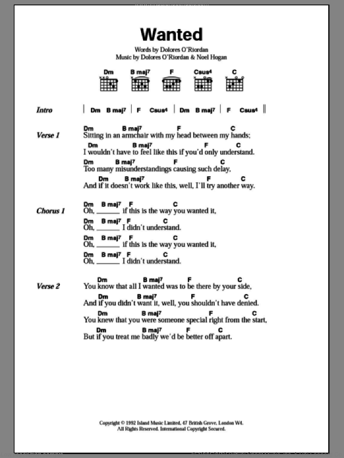 Wanted sheet music for guitar (chords) by The Cranberries and Noel Hogan, intermediate skill level