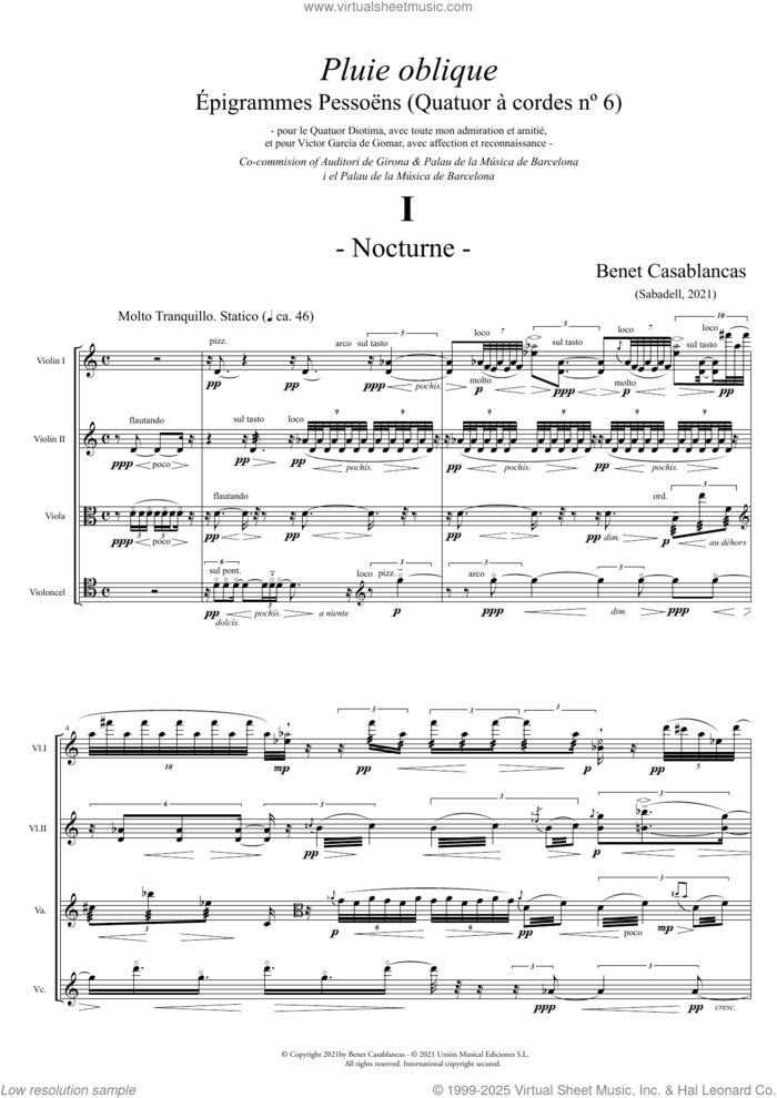 String Quartet No. 6 Pluie Oblique: Epigrammes Pessoens (COMPLETE) sheet music for string quartet (violin, viola, cello) by Benet Casablancas, classical score, intermediate skill level