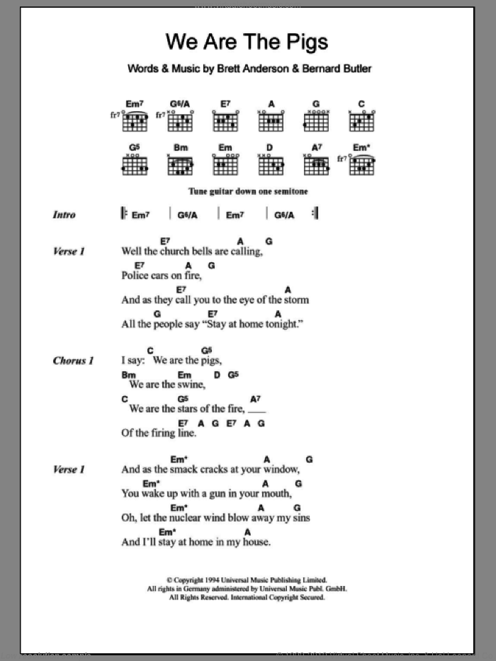 We Are The Pigs sheet music for guitar (chords) by Suede, Bernard Butler and Brett Anderson, intermediate skill level