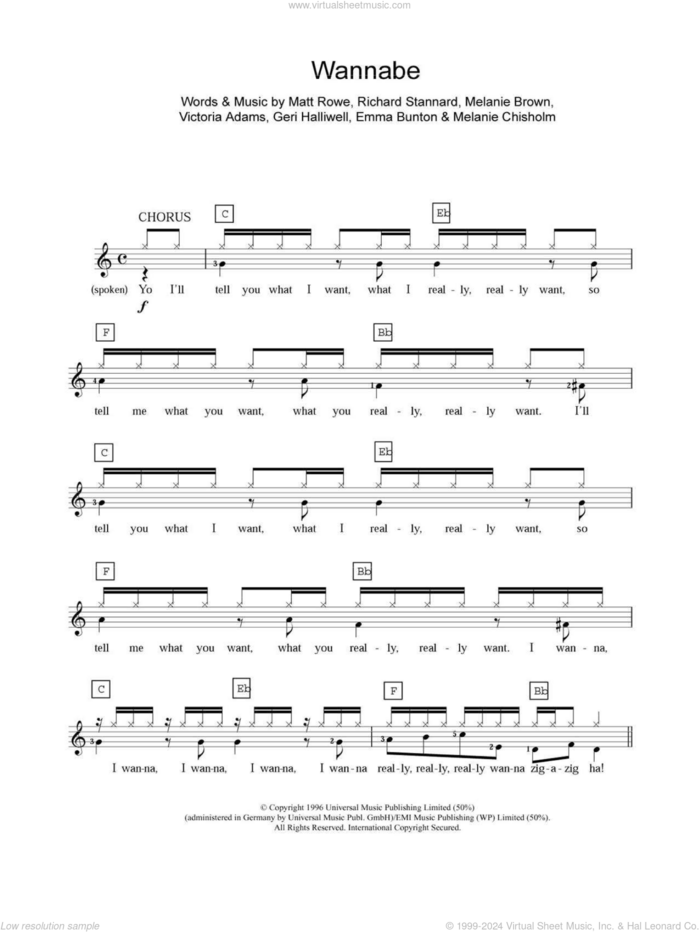 Wannabe sheet music for piano solo (chords, lyrics, melody) by The Spice Girls, Emma Bunton, Geri Halliwell, Matt Rowe, Melanie Brown, Melanie Chisholm, Richard Stannard and Victoria Adams, intermediate piano (chords, lyrics, melody)