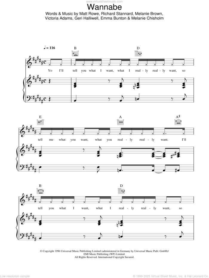 Wannabe sheet music for voice, piano or guitar by The Spice Girls, Spice Girls, Emma Bunton, Geri Halliwell, Matt Rowe, Melanie Brown, Melanie Chisholm, Richard Stannard and Victoria Adams, intermediate skill level