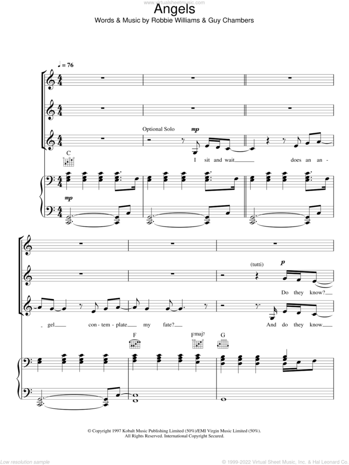 Angels sheet music for choir (SSA: soprano, alto) by Robbie Williams and Guy Chambers, intermediate skill level