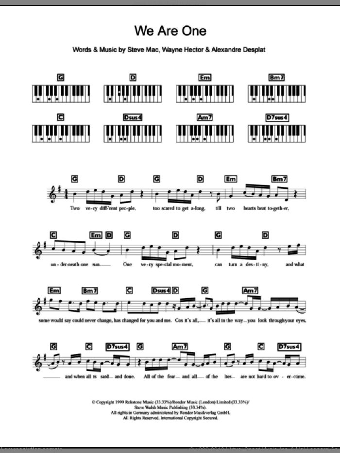 We Are One sheet music for piano solo (chords, lyrics, melody) by Westlife, Alexandre Desplat, Steve Mac and Wayne Hector, intermediate piano (chords, lyrics, melody)