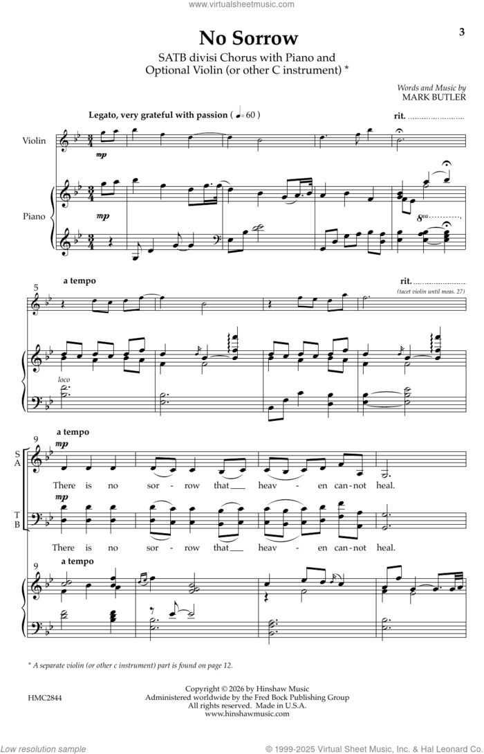 No Sorrow sheet music for choir (SATB divisi) by Mark Butler, intermediate skill level
