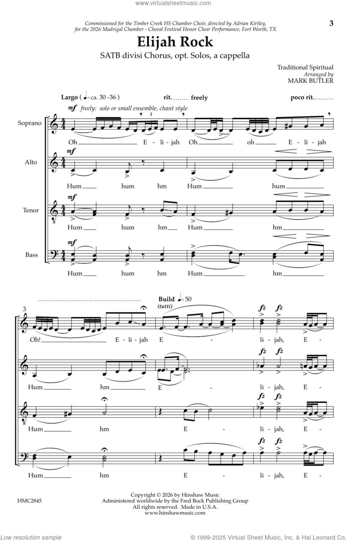 Elijah Rock sheet music for choir (SATB divisi) by Mark Butler, intermediate skill level