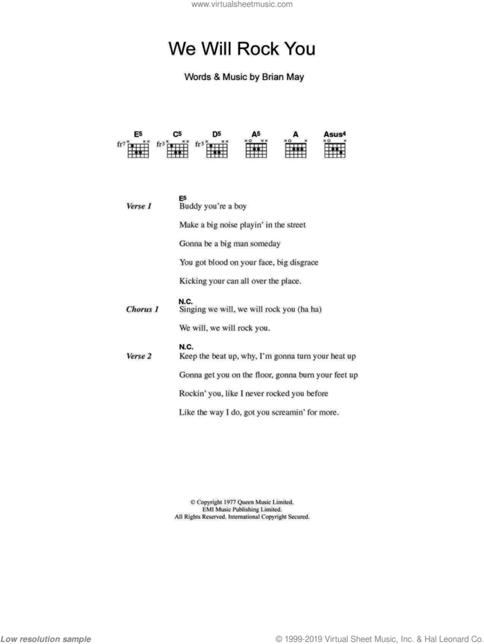 We Will Rock You sheet music for guitar (chords) by Ben Folds Five, Queen and Brian May, intermediate skill level
