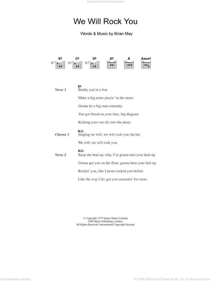 We Will Rock You sheet music for guitar (chords) by Brian May, Ben Folds Five and Queen, intermediate skill level