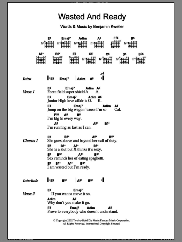 Wasted And Ready sheet music for guitar (chords) by Ben Kweller and Benjamin Kweller, intermediate skill level