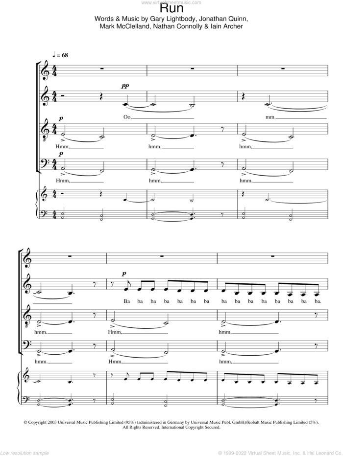 Run sheet music for choir (SATB: soprano, alto, tenor, bass) by Snow Patrol, Leona Lewis, Gary Lightbody, Iain Archer, Jonathan Quinn, Mark McClelland and Nathan Connolly, intermediate skill level