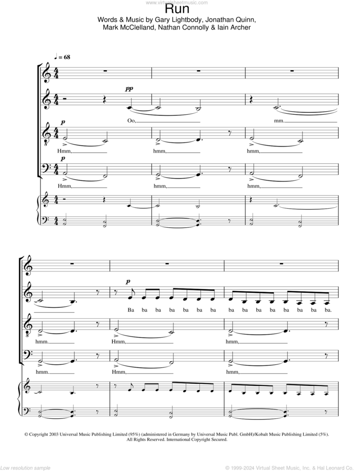 Run sheet music for choir (SATB: soprano, alto, tenor, bass) by Snow Patrol, Leona Lewis, Gary Lightbody, Iain Archer, Jonathan Quinn, Mark McClelland and Nathan Connolly, intermediate skill level