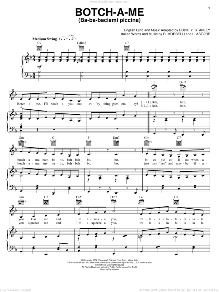 Botch-A-Me (Ba-Ba-Baciami Piccina) sheet music for voice, piano or guitar by Rosemary Clooney, Eddie Y. Stanley, L. Astore and Riccardo Morbelli, intermediate skill level