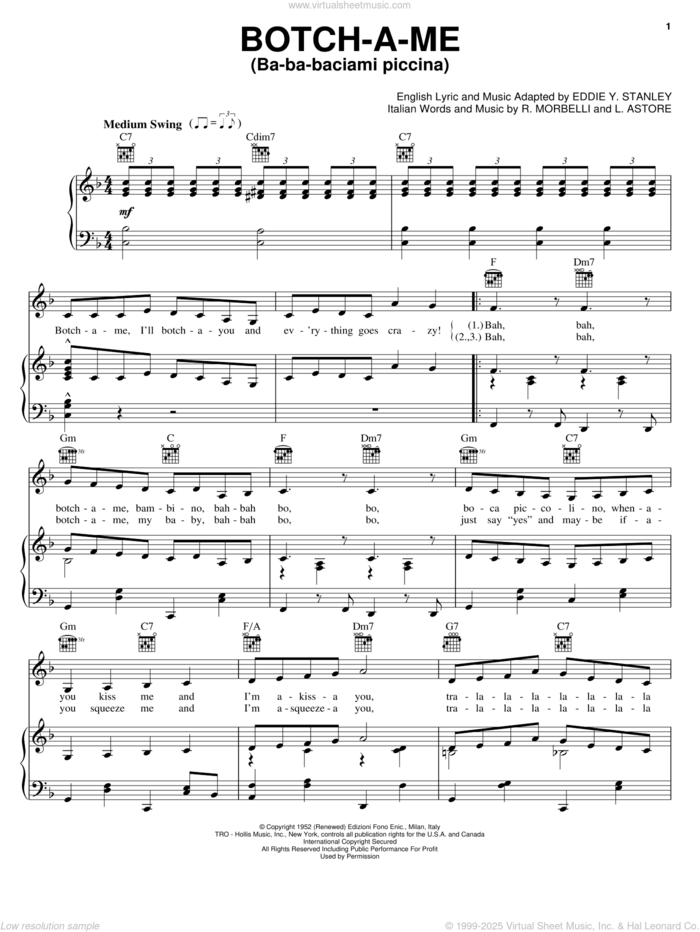 Botch-A-Me (Ba-Ba-Baciami Piccina) sheet music for voice, piano or guitar by Rosemary Clooney, Eddie Y. Stanley, L. Astore and Riccardo Morbelli, intermediate skill level