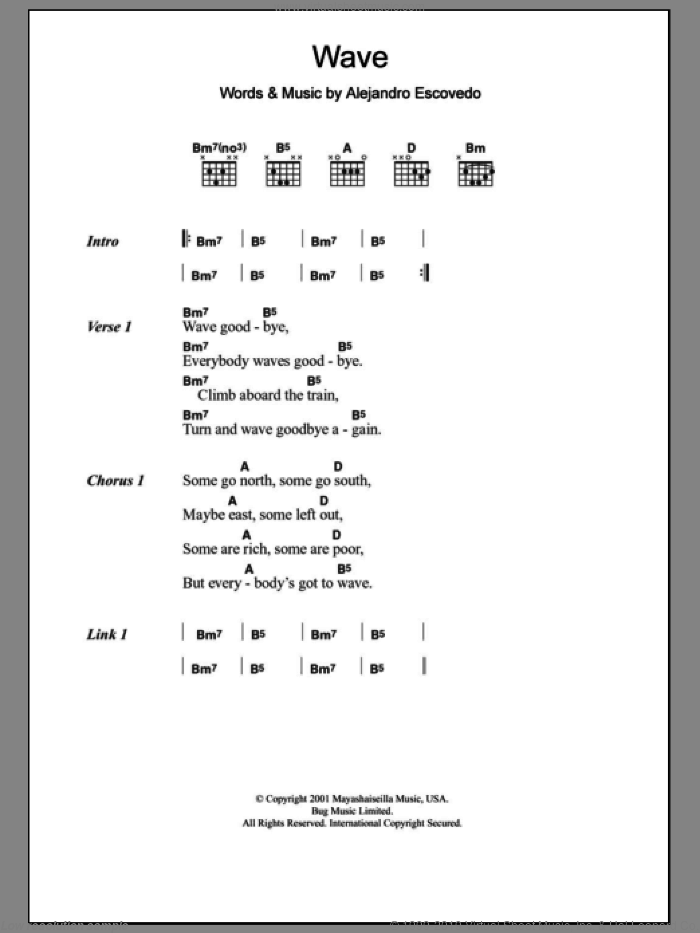 Wave sheet music for guitar (chords) by Alejandro Escovedo, intermediate skill level