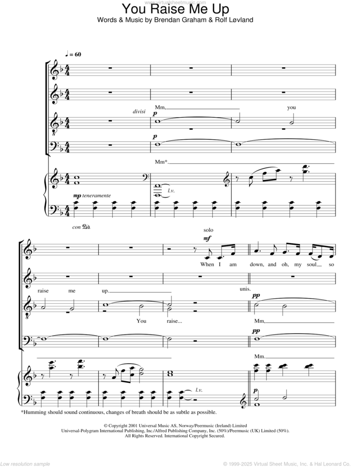 You Raise Me Up sheet music for choir (SATB: soprano, alto, tenor, bass) by Westlife, Brendan Graham and Rolf Lovland, wedding score, intermediate skill level