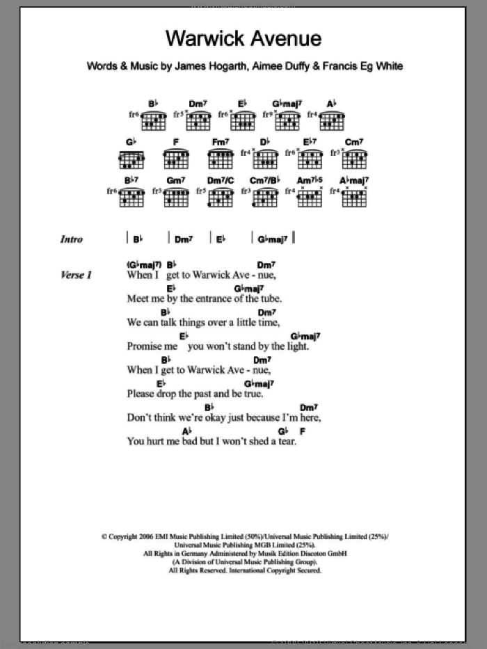 Warwick Ave. sheet music for guitar (chords) by Duffy, Aimee Duffy, Francis White and James Hogarth, intermediate skill level