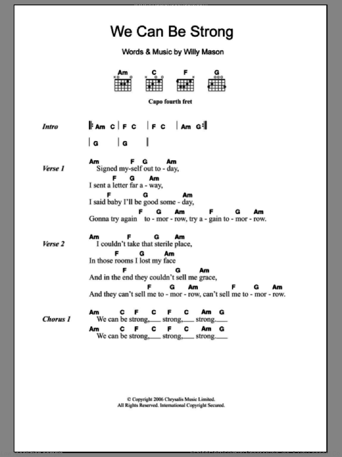 We Can Be Strong sheet music for guitar (chords) by Willy Mason, intermediate skill level