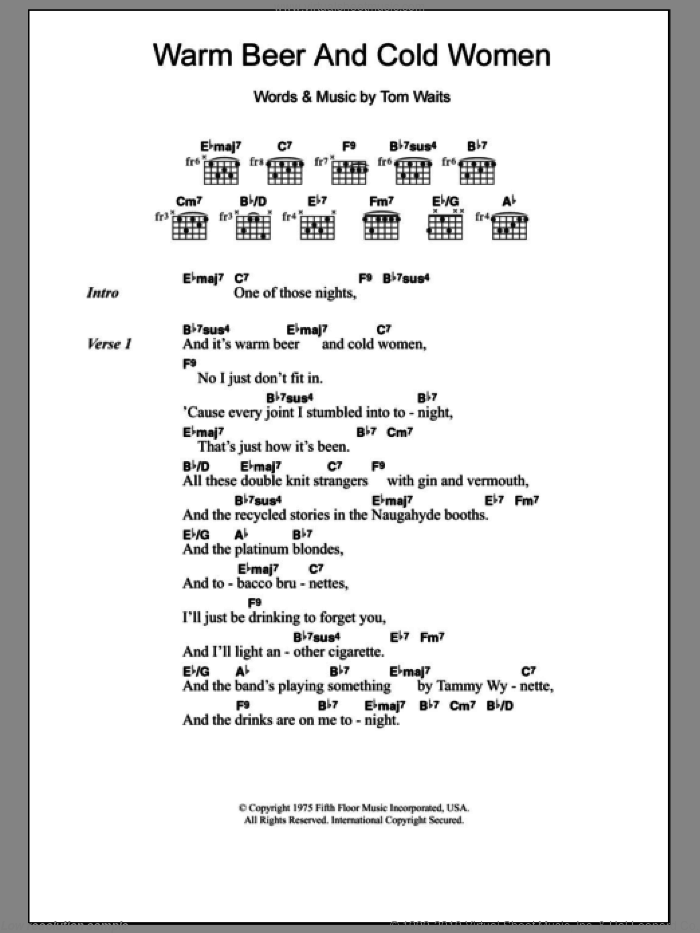 Warm Beer And Cold Women sheet music for guitar (chords) by Tom Waits, intermediate skill level